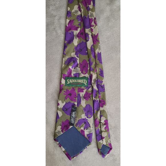 Saddlebred A New Breed Purple Pink Green Floral 100% Silk Neck Tie Made in USA - Picture 2 of 3